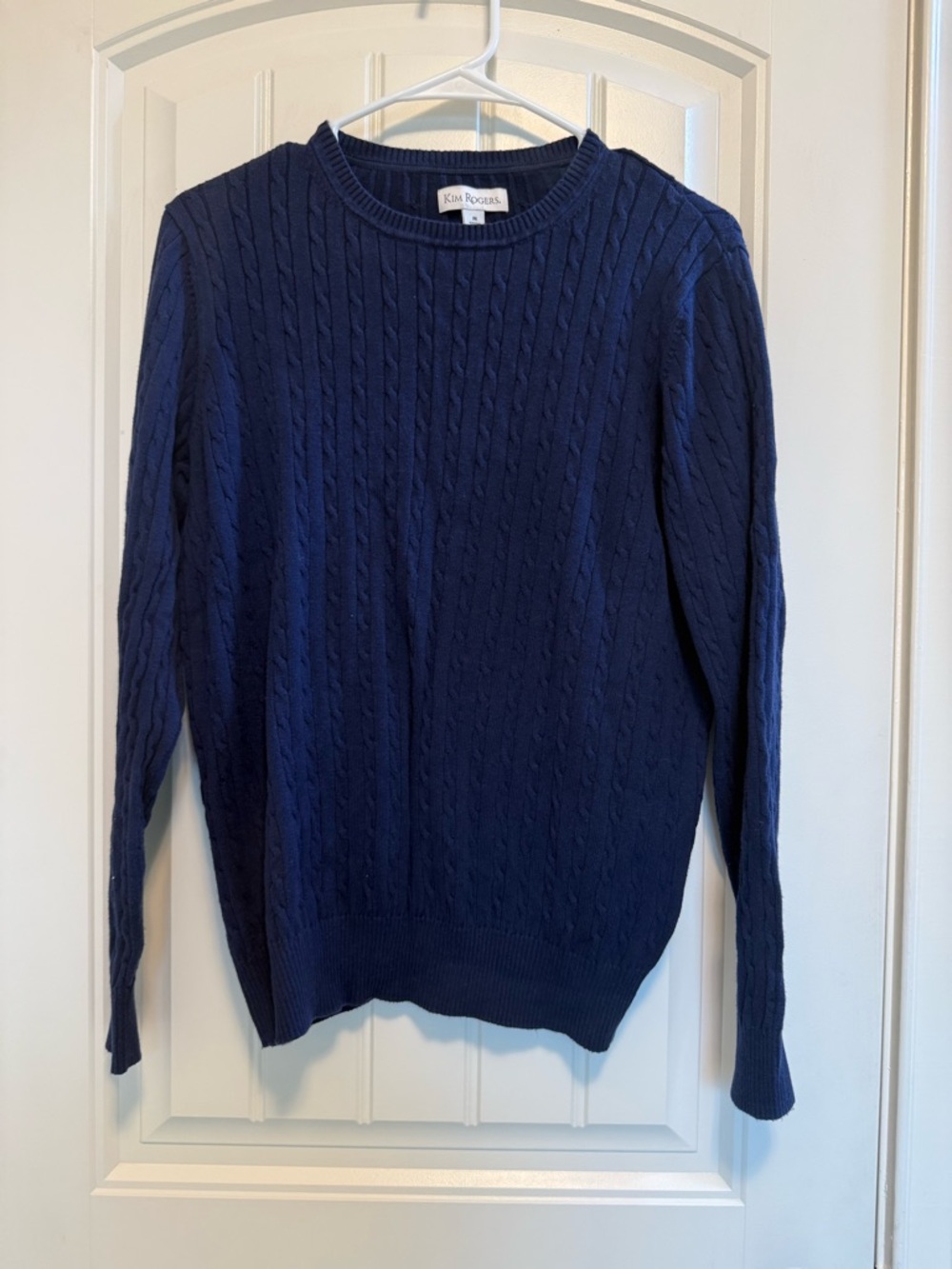 VTG Kim Rogers Navy Blue Cable Knit Crewneck Sweater Size Medium 100% Cotton